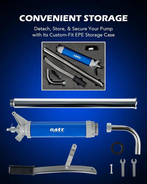 Lever Action Barrel Pump With Telescoping Suction Tube For 15 To 55 Gallon Drums, shown disassembled in storage case
