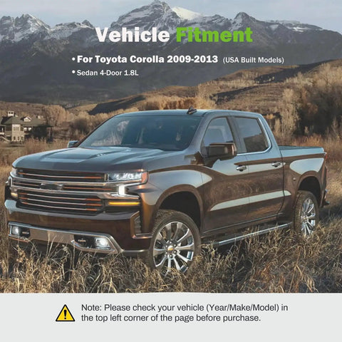 Vehicle fitment banner for Toyota Corolla 2009–2013; mountain landscape with a dark pickup truck in a field.