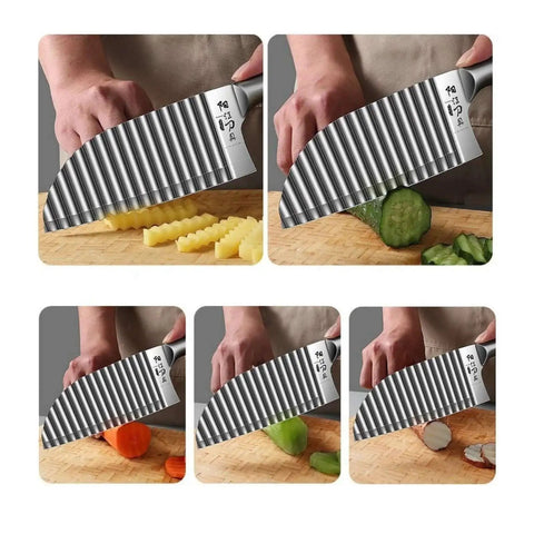 Stainless Steel Crinkle Cutter For Wavy Fries And Veggies, Ultra Sharp Knife Lets You Create Crinkle Cut Potatoes, Cucumbers, Carrots And Watermelon Fast, Perfect Kitchen Gadget For BLW, Snacking, And Fun Party Snacks in use