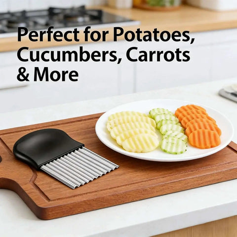Crinkle Cut Potato Cutter And French Fry Slicer With A Durable Stainless Steel Blade For Kitchen And Cooking Delivers Uniform Ripple Style Fries And Decorative Veggie Chips Easy Grip Black 1 Piece on chopping board next to sliced veggies