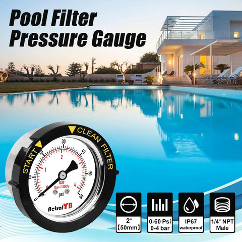 AetralYB pool filter pressure gauge, 2-inch dial, 60 PSI, back-mount 1/4 in NPT, stainless steel, IP67.