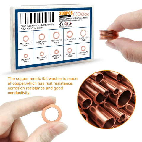 Pro Grade Copper Crush Washer Set 200Pcs Nine Sizes Metric Sealing Washers Assortment Kit M5 M6 M8 M10 M12 M14 with case
