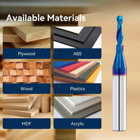 Pro Grade Carbide Ball Nose End Mill For CNC Routers With Nano Blue Coating, shown beside applicable materials for use.