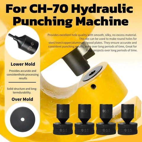 Diagram showing heavy-duty hydraulic round punch die 19.5mm in 40Cr steel for CH-70 style punch press with components and specifications.