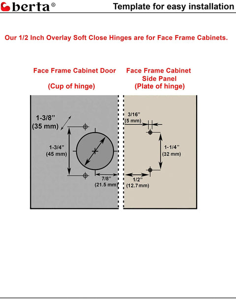 Installation template for 30 Pack Full Overlay Face Frame Cabinet Hinges With 105 Degree Adjustable Concealed Soft Close Cup Hinges