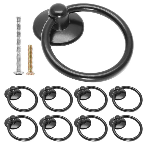 10 Pcs Black Ring Pull Handles for Cabinets and Dresser Drawers Single Hole One And Three Quarter Inch Zinc Alloy Knobs with screws