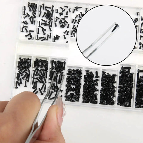 Hand using tweezers from 500 Pcs Micro Glass Screws Repair Kit With Tweezers And Screwdriver M1.2 M1.4 M2 Tiny Laptop Glasses Screws Assortment For Electronics Repair Watches SSDs M2 Hard Drives Black
