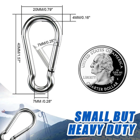 Stainless steel carabiner clip with size dimensions next to a US quarter for scale, small but heavy duty emphasis.