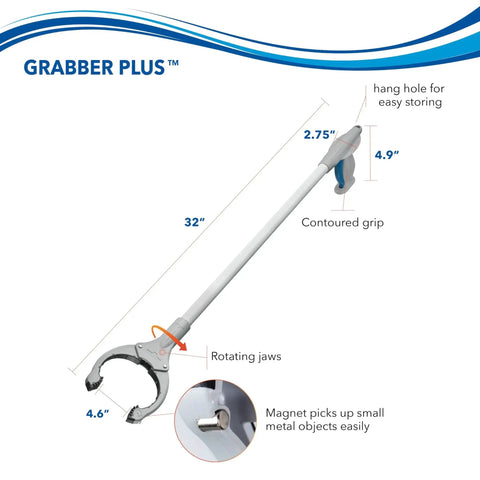 32 Inch Grabber Plus Reacher Tool with Built In Magnet for Trash Pickup and Yard Cleanup ergonomic trigger grip with measurements