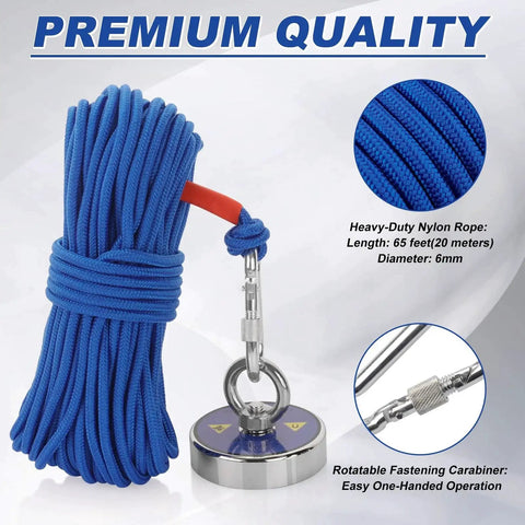 Fishing Magnet Kit 800 Lb Pulling Power With 65 Ft Nylon Rope For Salvage, showing blue nylon rope and heavy-duty magnet.