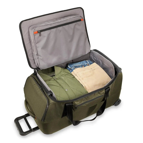 Open Do It All 27 Inch Medium Upright Duffle With Wheels Softside Checked Luggage showing interior with clothes packed