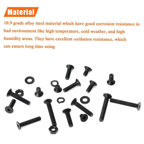 560 Pc M3 To M20 Countersunk Socket Cap Screws Kit With Hex Nuts, Lock Washers And Flat Washers scattered on white background