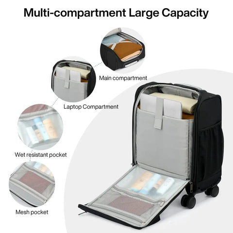 Underseat Carry On Luggage With Wheels Airline Approved 16 Inch Softside Spinner Case with multiple compartments open view