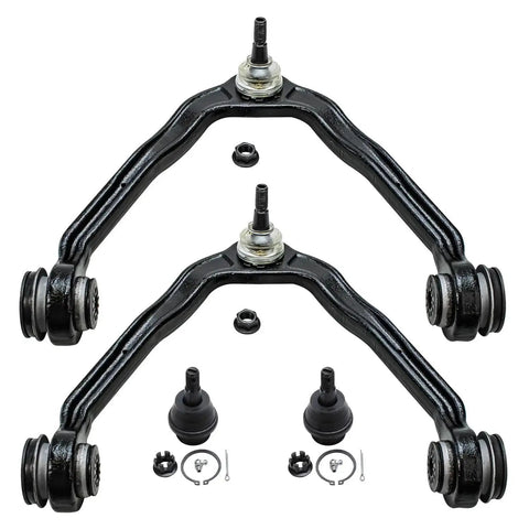 Front suspension kit with two black curved control arms, ball joints, bushings, and mounting hardware