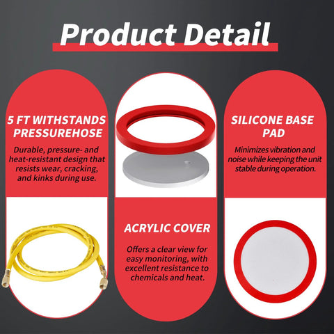ROGVOC vacuum chamber components: red gasket ring with acrylic lid, yellow 5 ft pressure hose, silicone base pad