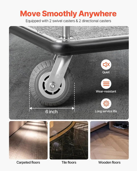 Close-up of 6-inch rubber wheel on hotel luggage cart with brushed stainless steel finish and grey carpeted deck for easy transport.