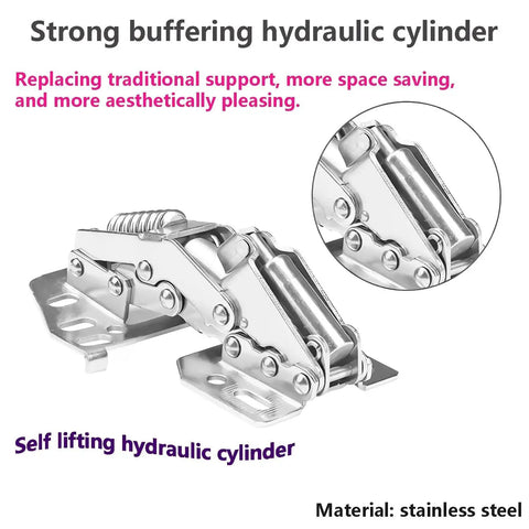 Heavy Duty Cabinet Hinges Set 2 Pack Soft Close Lid Stay Hinges For Cabinets And Furniture Doors Durable Cold Rolled Steel Lift Support Hinges With Rust Resistant Construction Easy Install Keeps Lids Quiet And Safe shown with strong buffering hydraulic cylinder made of stainless steel.