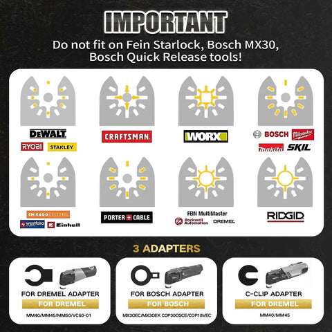Compatibility chart for Six Piece Titanium Oscillating Tool Blades Kit, shows tool brands and required adapters for use
