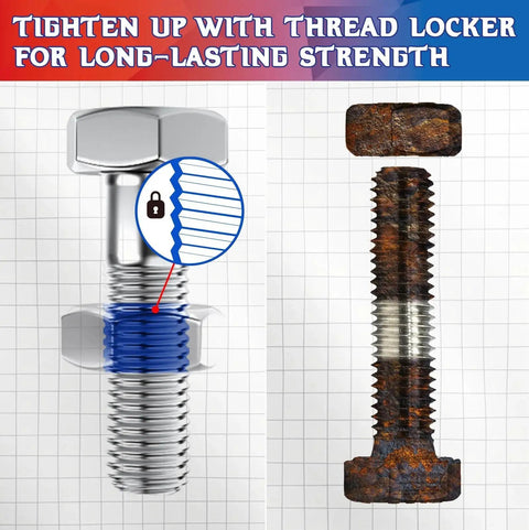 Comparison of a bolt with Blue And Red Thread Lock Set 50ml Each Medium Strength Blue And High Strength Red Thread Lock applied and without