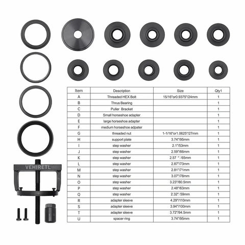 Wheel Bearing Removal And Installation Tool Kit For Front Rear And All Wheel Drive Vehicles Includes parts and size chart.