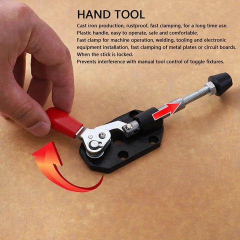 Heavy Duty Adjustable Push Pull Toggle Clamp With 500Lbs Holding Power For Welding Molding Woodworking Jigs And Fixtures Pocket Hole Jigs Quick Release Handle For Simple Setup And Rock Solid Hold, demonstration of clamp in use on a wooden surface.