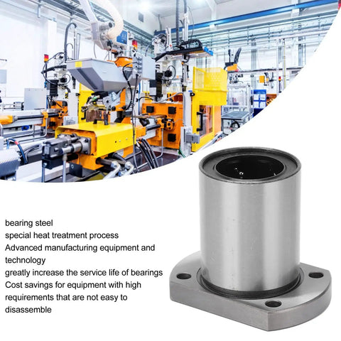 2Pcs Flange Linear Bearing Set For CNC Machines And Power Tools shown in an industrial setting with machinery in background.