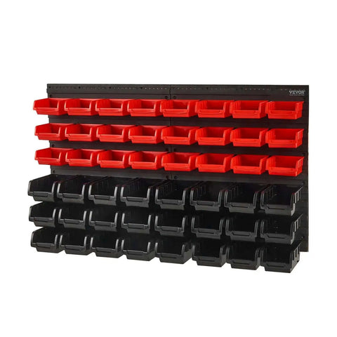 48 Bin Wall Mounted Storage Bins Rack Organizer for Garage and DIY Shop Tools shown with 24 red small and 24 black large bins.