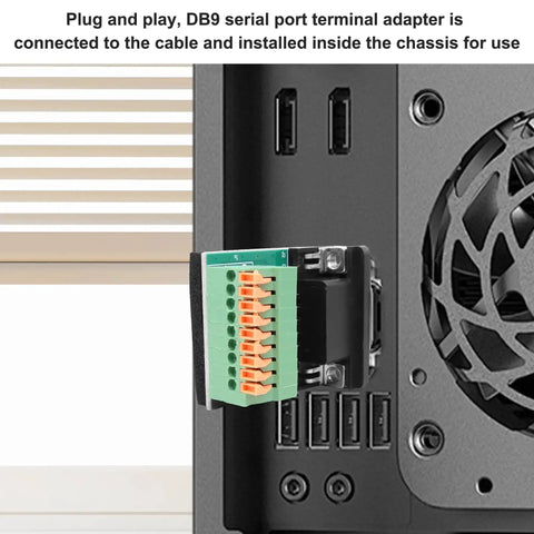 DB9 Solderless RS232 To 9-Pin Port Spring Terminal Breakout Adapter installed in computer chassis
