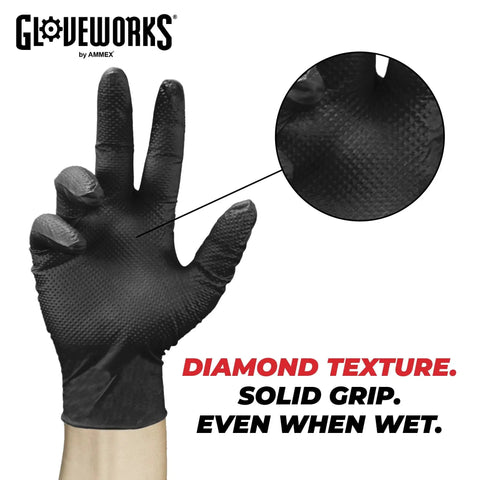Black Nitrile Gloves Heavy Duty 6 Mil Latex Free With Raised Diamond Grip 100, close-up of textured palm and fingers.