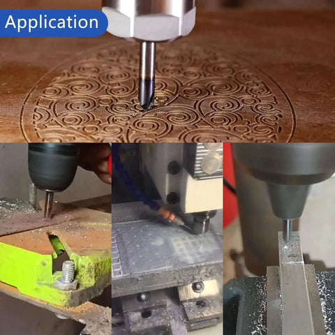 Carbide Chamfer End Mill 90 Degree With Three Eighths Inch Shank V Groove AlTiN Coated 4 Flute Cutter in use on metal and wood.