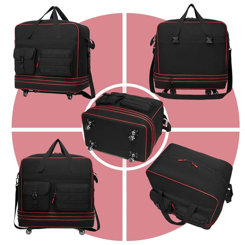 Collage of Tactical Foldable Travel Bag With Wheels For Easy Packing And Expansion showing various angles, black color by Seyfocnia