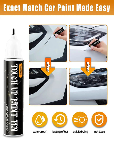 Platinum White Pearl NH 883P Compatible With Honda 2 In 1 Touch Up Paint Pen shown before and after application on car scratches.