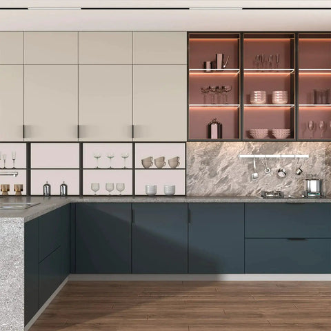 Modern kitchen with sleek cabinetry, featuring 20 Pack Black Cabinet Pulls 3 Inch Edge Finger Pull Aluminum Alloy Hardware For Dresser And Drawer Handles.