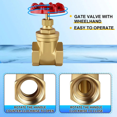 Brass gate valve with red wheel handle and double female threaded ends; 3/4 in NPT water shutoff valve
