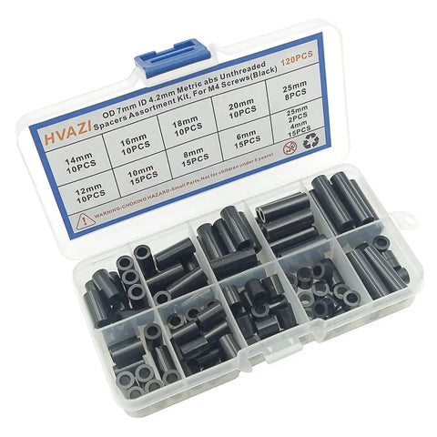 Black ABS Round Spacers Kit For M4 Screws, Unthreaded Standoffs, Metric 7Mm OD By 4.2Mm ID, 10 Size Range From 4Mm To 25Mm, 120 Pieces