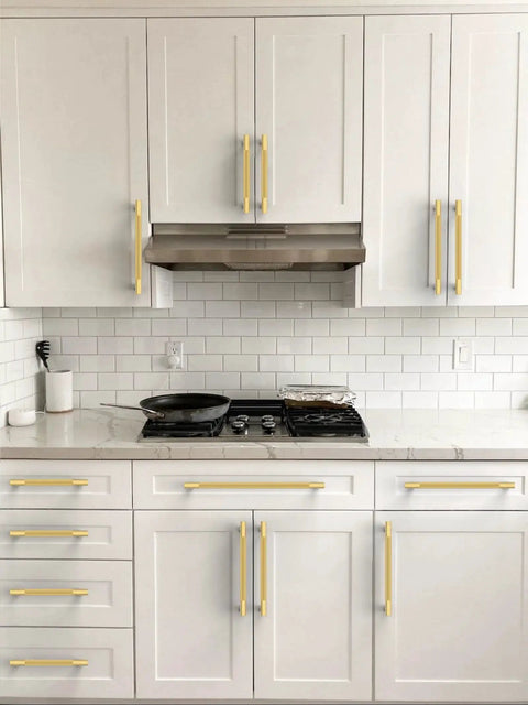 10 Pack Brushed Gold Knurled Cabinet Pulls 5 Inch 128mm Installed on White Kitchen Cabinets for a Sleek Finish