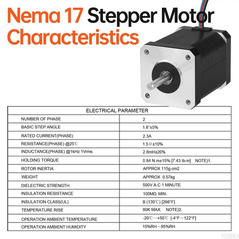 Beefy Torque Nema 17 Stepper Motor 2 Phase 1.8 Degree for 3D Printers DIY CNC Machines with electrical characteristics