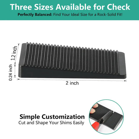 12 Piece Furniture Leveler Kit With Multi Size Rubber Shims, 3 sizes shown, cuttable for leveling feet, anti wobble pads
