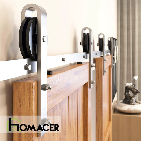 Brushed Nickel Sliding Barn Door Hardware Kit For Double Doors 7 Foot Flat Track Spoke Wheel Rollers installed on doors