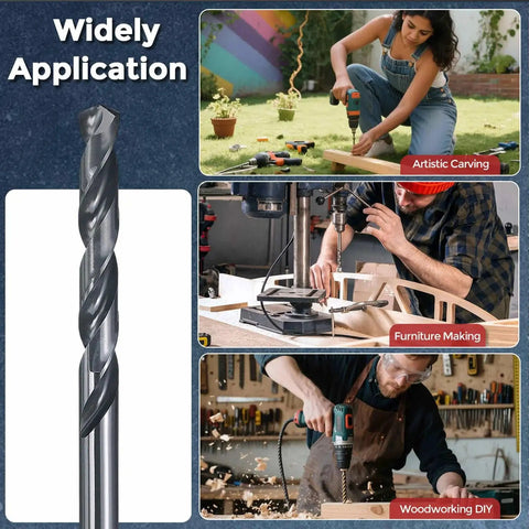12 Piece Drill Bit Set 7 64th Inch Diameter 2.778mm M2 High Speed Steel Twist Drill Bits Pro Grade With 135 Degree Split Point For Metal Wood Plastic Nitrided Black Finish Great For Precision Drilling And DIY Projects displayed with its applications in artistic carving, furniture making, and woodworking DIY.
