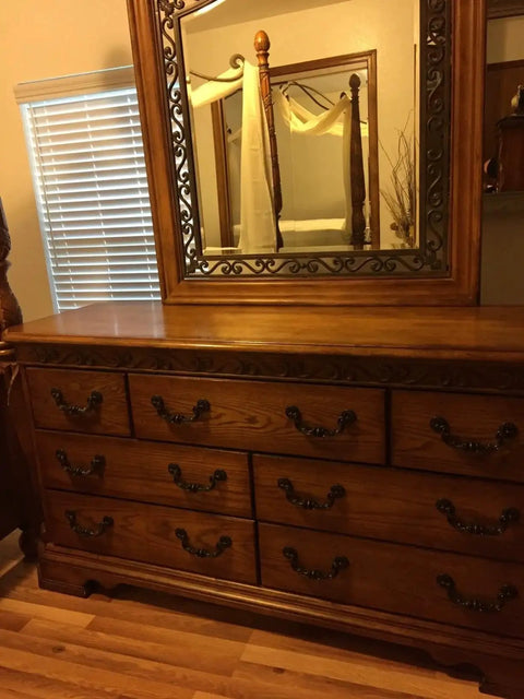 Wooden dresser with Vintage Drop Bail Drawer Pulls 6 Inch Cabinet Handles Rustic Antique Black Zinc Alloy on drawers.