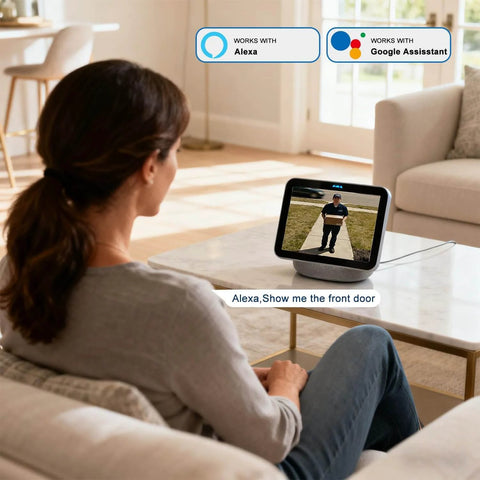 Woman viewing front door on a device using Doorbell Camera Wireless With Chime 2K HD Video AI Motion Detection Two Way Audio Night Vision Cloud Storage.