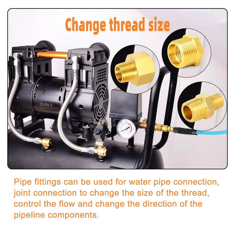Durable Brass Pipe Fitting Set With 15 Pieces Including Hex Bushings Reducer Adapters And Reducing Nipples Three Eighths Inch NPT To Quarter Inch NPT Solid Brass Construction For Plumbing And DIY From GASHER, shown in use with an air compressor.