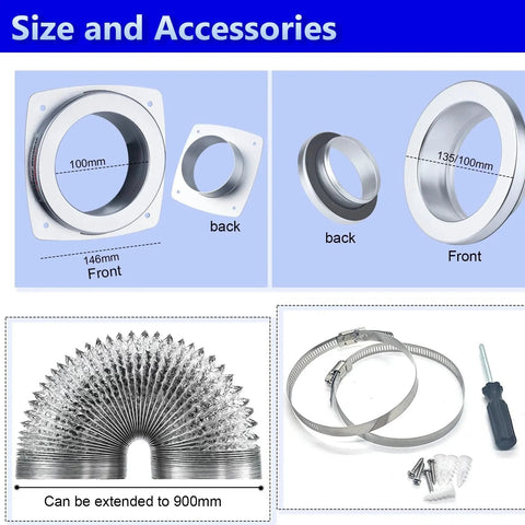 Magnetic Dryer Vent Connector Kit With Self Alignment And No Fuss Quick Connect DV180 Magnetic Dryer Vent Coupling For Easy Disconnect And Cleaning Includes 3.1 Ft 4 Inch Duct And Two Clamps In Silver, showing components and dimensions.