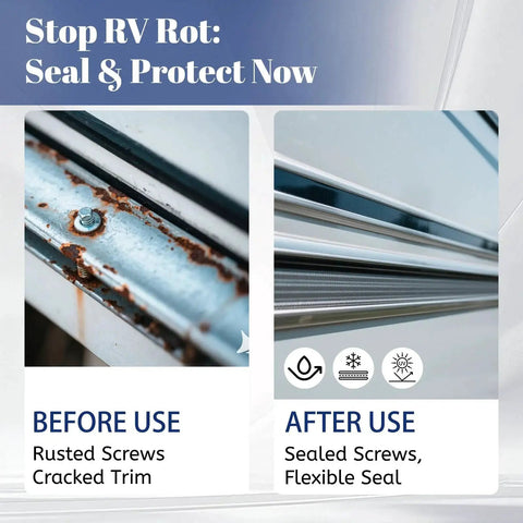 Comparison of RV Vinyl Trim Molding Insert 1 Inch Exterior Weather Stripping for Camper before and after installation, showing rusted screws and cracked trim replaced with sealed screws and flexible seal.