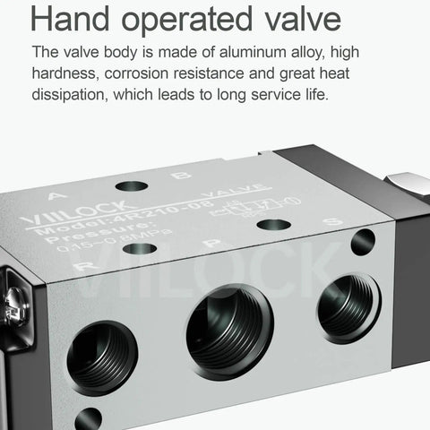5 Way 2 Position Pneumatic Solenoid Valve with hand lever, aluminum body, 1/4 NPT ports, push-pull manual model 4R210-08