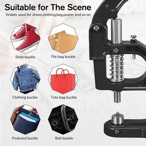 All In One Grommet Press Kit Heavy Duty Cast Iron Hand Press With Three Die Sets and 3000 Eyelets shown with accessory uses
