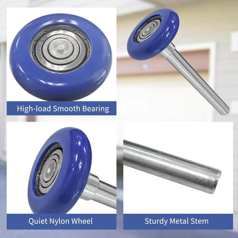 12 Pack Nylon Garage Door Rollers With 1.8 Inch Wheels For 2 Inch Track And 4.25 Inch Stems Heavy Duty Quiet Rollers Featuring Sealed 6200ZZ Precision Bearings For Smooth Low Noise Operation Blue with close-up views of the wheel, bearing, and stem.