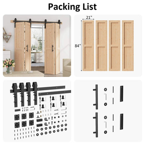 84 Inch Bifold Barn Door with 90 Inch Hardware Kit Included, Space Saving Folding Design, 4 Panel Set, Premium Rustic Style