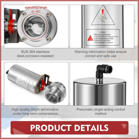 Butterfly valve, 2-inch tri-clamp, SS304 stainless body, pneumatic actuator, front view
Pneumatic actuator warning label close-up, safety notice
Actuator assembly with red adjustment knob, stainless housing, side view
Pneumatic single-acting control valve installed on stainless vessel, installed view